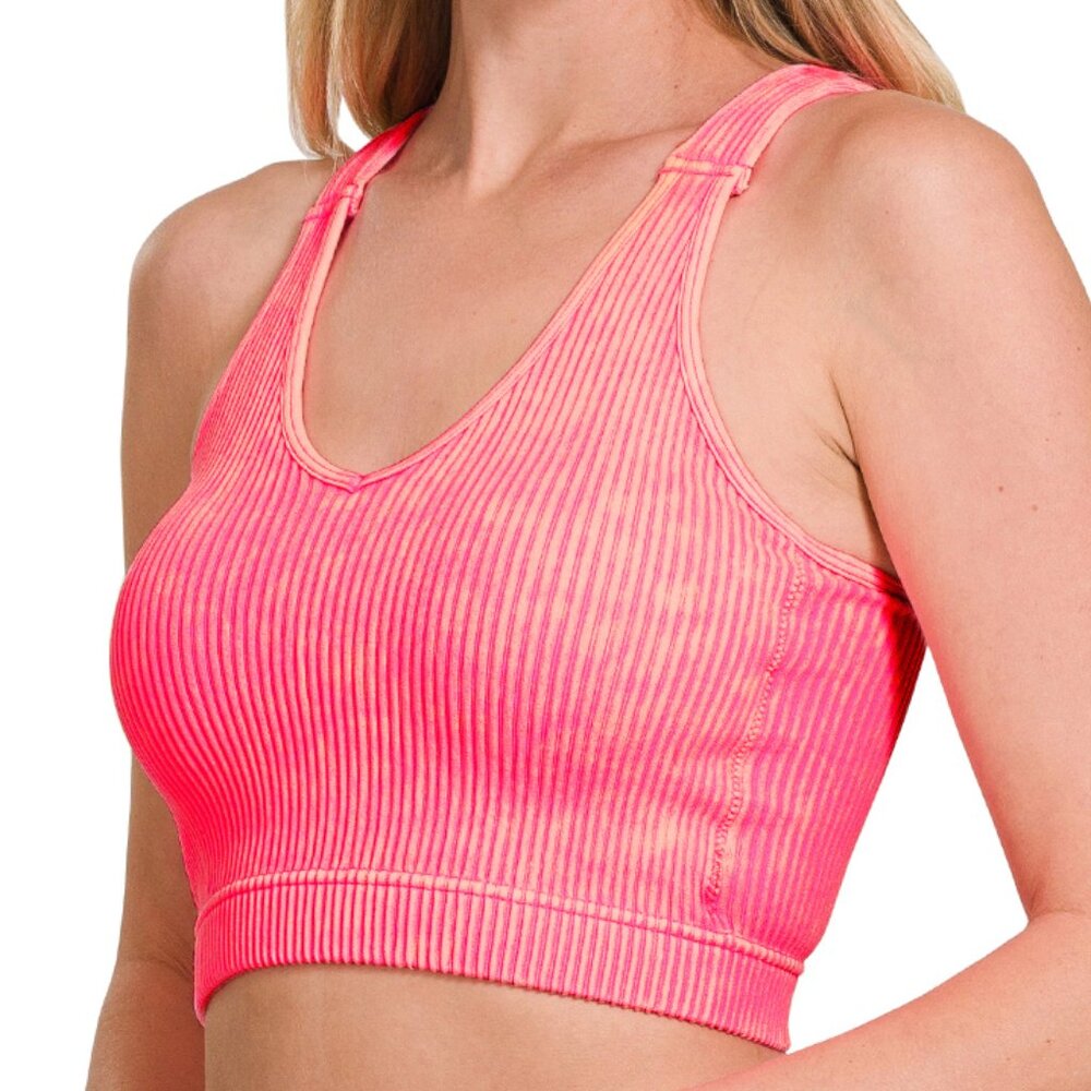 Washed Ribbed Cropped Seamless Bra Padded Tank Top Brami - Coral Fuchsia